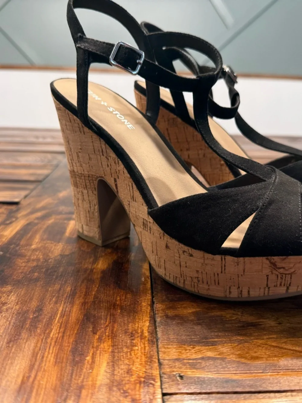 Sun + Stone Black Cork Platform Heeled Sandals 10